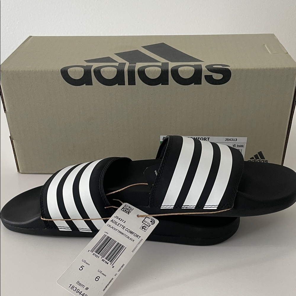 adidas Adeletti Size Men 5 /Women 6 Comfort Slide Sandals, Black & White / Z5 - Picture 4 of 6